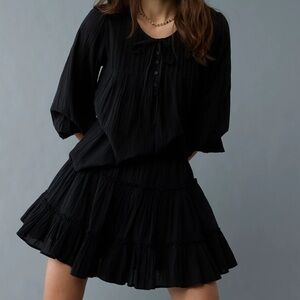 Aerie Pool to Party Tiered Mini Skirt Black Cotton Gauzy Drawstring Size Medium